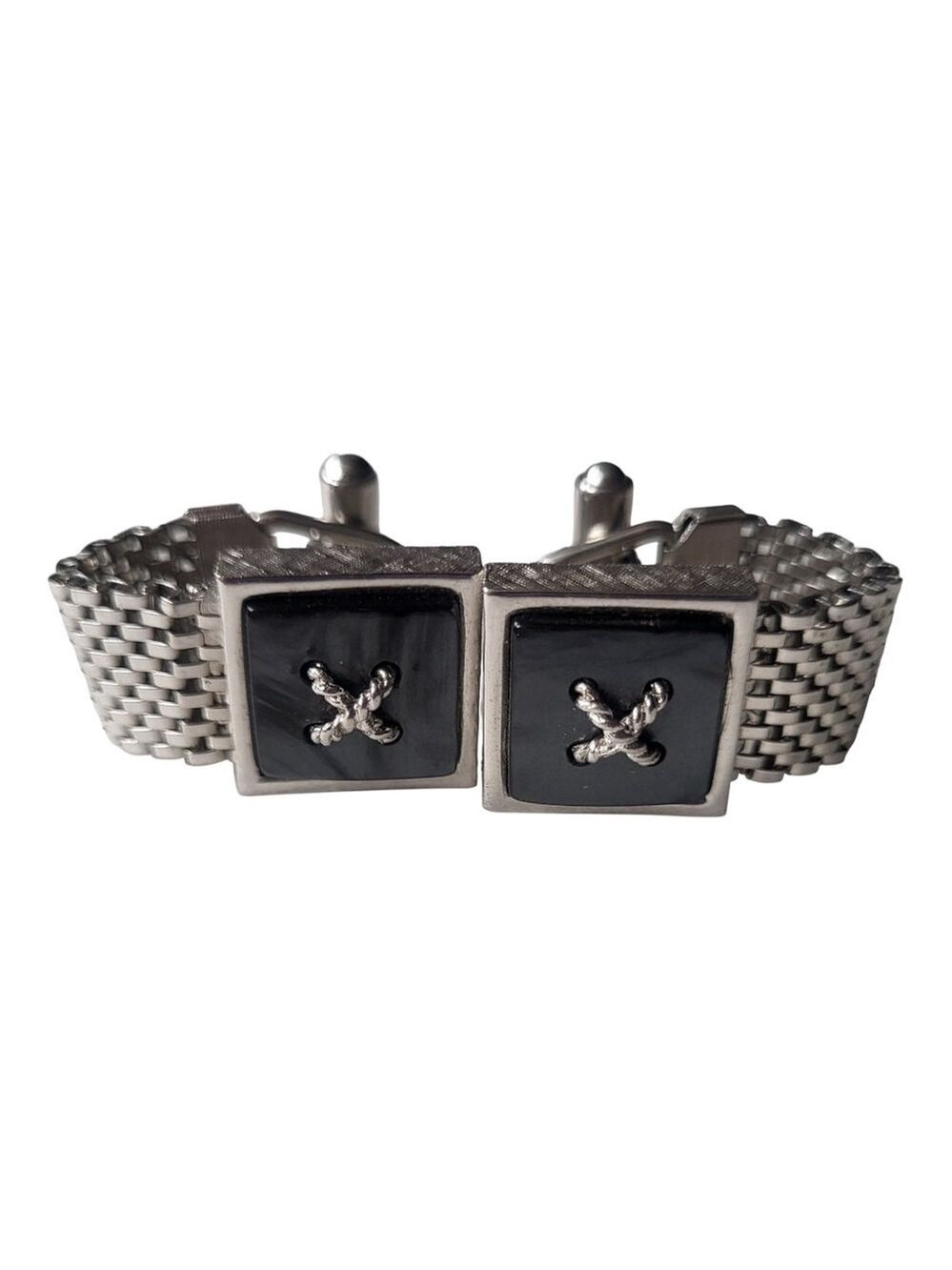 Black Marbled Silver Tone Mesh Chain Cuff Links One Size (11/16 approximate)